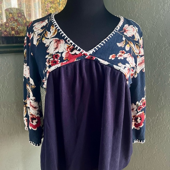 Kori Tops - Kori Floral Navy and Purple Blouse